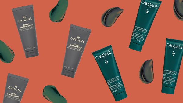 Image contains a collage of clay masks on an orange background.