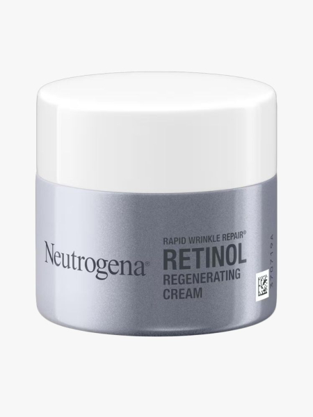 Neutrogena Rapid Wrinkle Repair Retinol Regenerating Cream in branded tub component on a light gray background