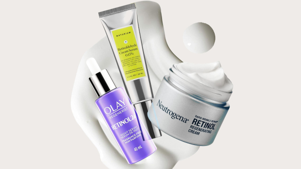 Image contains a collage of drugstore retinol products on a light gray background