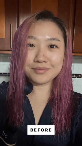 Allure commerce editor Sarah Han before applying the IGK CryBaby Smoothing  Finishing Serum