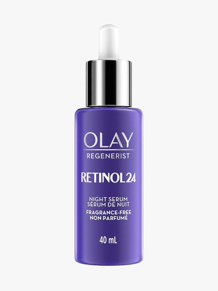 Olay Regenerist Retinol 24 Night Serum in branded dropper component on a light gray background