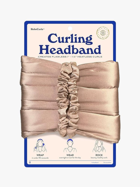 Robecurls Curling Headband package of tan silk curling headbands on light gray background